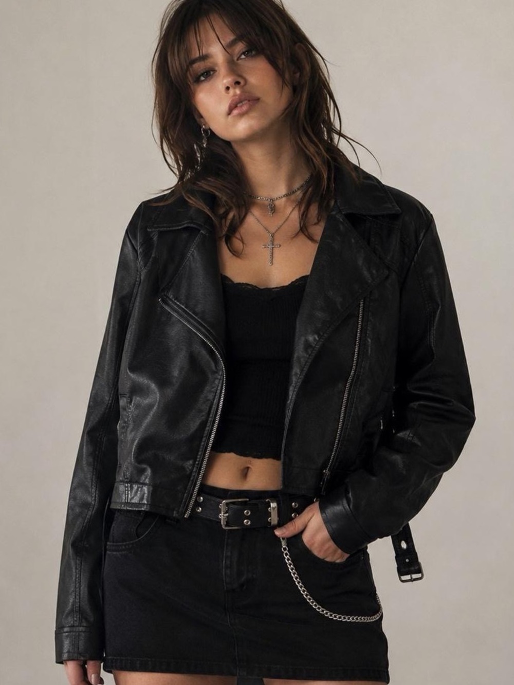 Black Faux Leather Cropped Moto Biker Jacket Plus Size 2X Grunge Y2K Goth Edgy